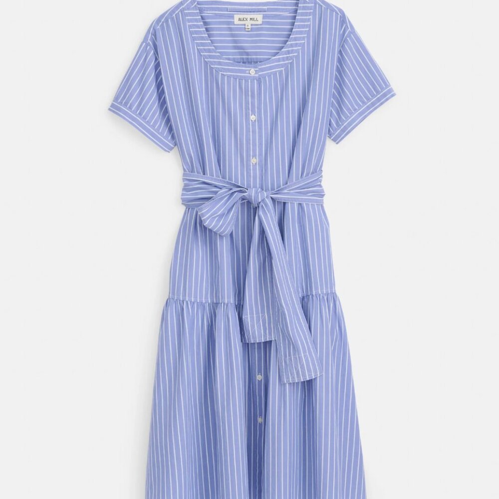 Alex Mill Josie Stripe Dress in Cotton Poplin in Blue and Off-White - Size M